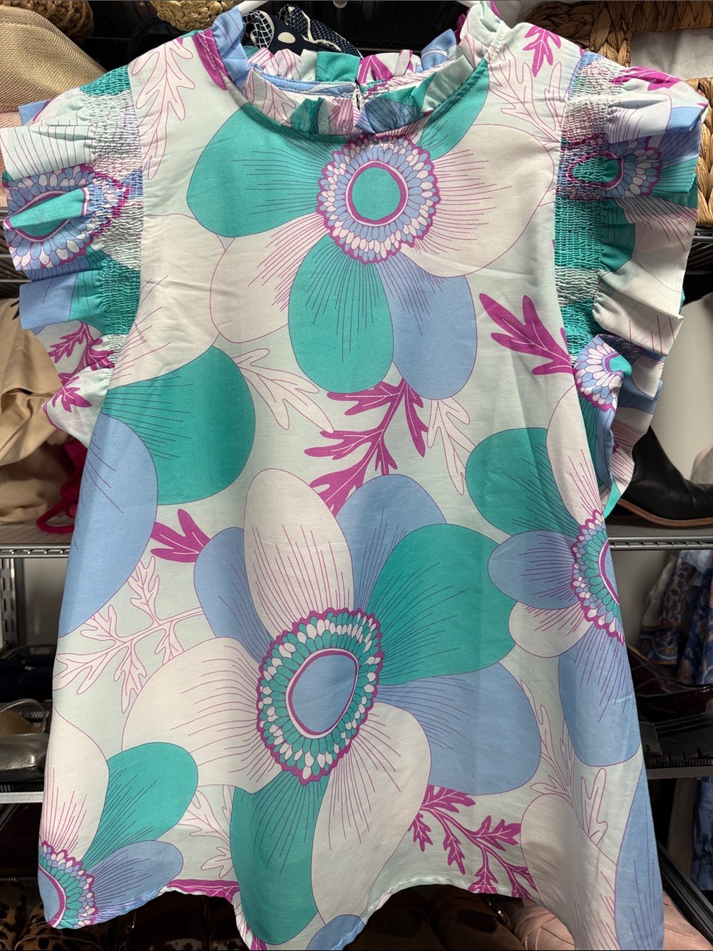j.marie Floral Blouse in White with Pink, Aqua & Blue Accents
